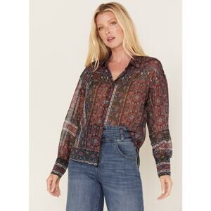 MOLLY BRACKEN Women's Metallic Floral Stripe Blouse Size L In Multi